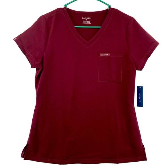 Jaanuu Women's Burgundy Pocket Wine Short Sleeve Scrub Shirt size S NWT - Picture 1 of 8